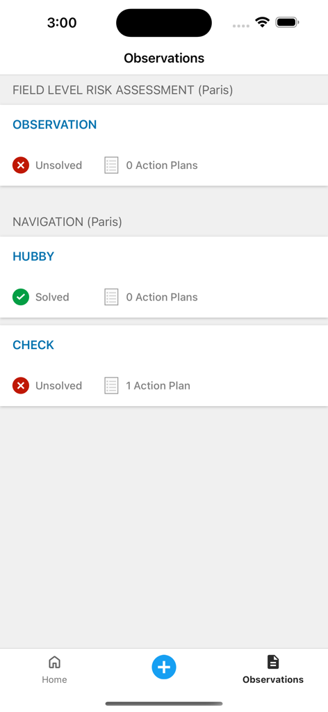 Enablon Inspection - Liste des observations montrant l'état de l'évaluation des risques sur le terrain dans Inspection Enablon.