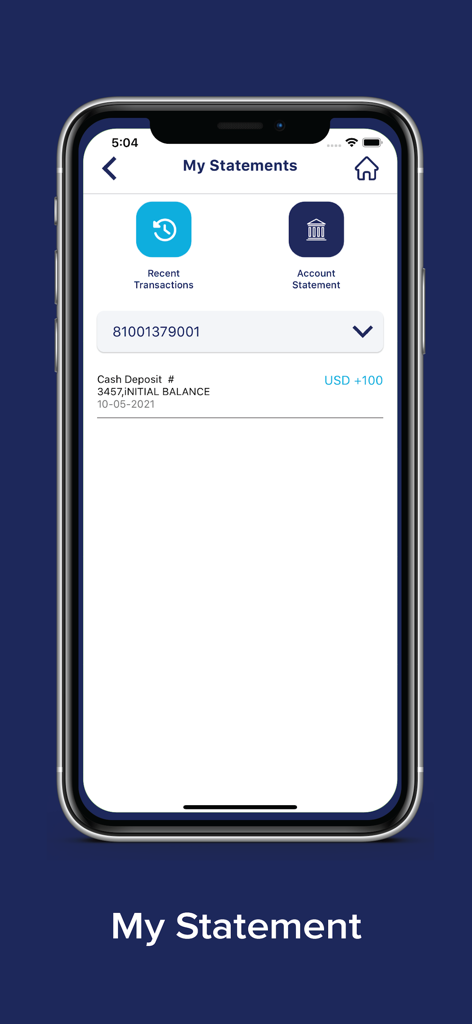 MyBank Mobile Banking - MyBank Mobile Banking app interface showing the My Statements screen with transaction history and account options.