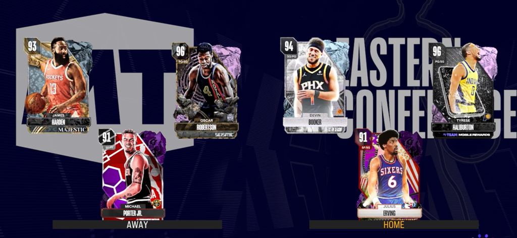 Digital NBA player cards including James Harden and Devin Booker in the MyTEAM lineup screen