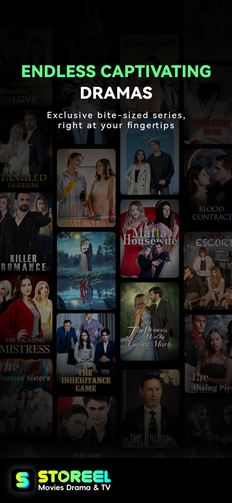 Una cuadrícula de varios pósteres de series de drama verticales en la interfaz de la aplicación StoReel con el texto: dramas cautivadores sin fin.