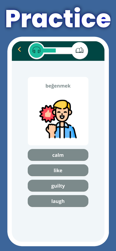 Écran d'exercices de l'application d'apprentissage de la langue turque montrant un quiz de vocabulaire avec des illustrations
