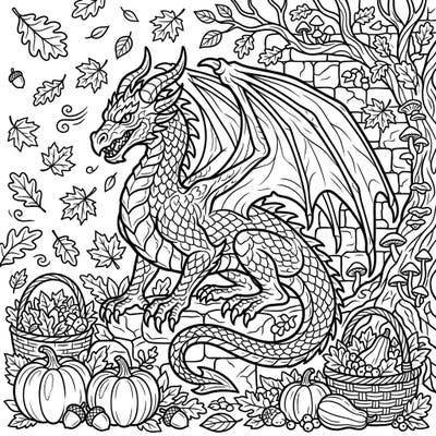 Discover a stunning coloring page featuring a powerful dragon gargoyle set against a vibrant autumn backdrop. This intricate design combines mythical fantasy with the rich beauty of the fall season, perfect for detailed coloring enjoyment.