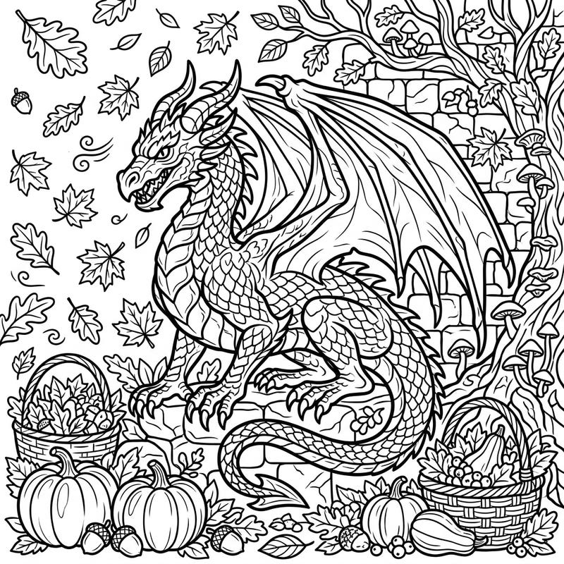 Discover a stunning coloring page featuring a powerful dragon gargoyle set against a vibrant autumn backdrop. This intricate design combines mythical fantasy with the rich beauty of the fall season, perfect for detailed coloring enjoyment.