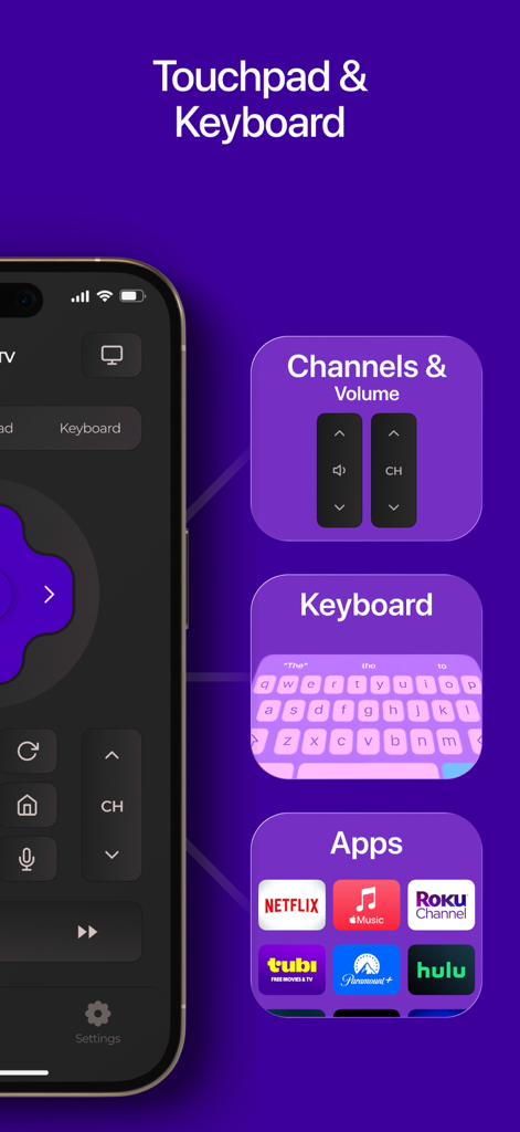 Roku・TV Remote Control - Roku remote app interface featuring touchpad navigation, keyboard input for searching, and quick access to streaming apps like Netflix and Hulu