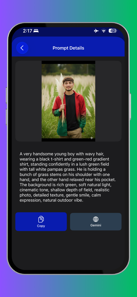 Promora - AI Prompt Generator - Detailed AI image prompt and visual preview on the Promora app screen.