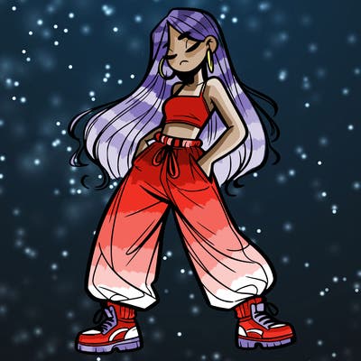 girl in baggy pants crop top and long hair