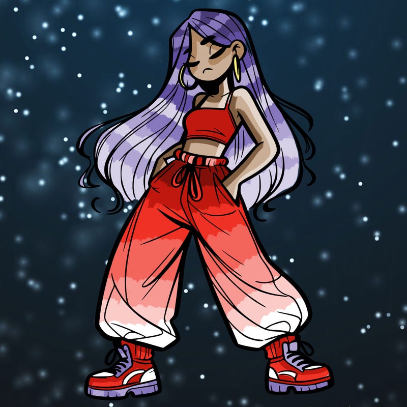 girl in baggy pants crop top and long hair