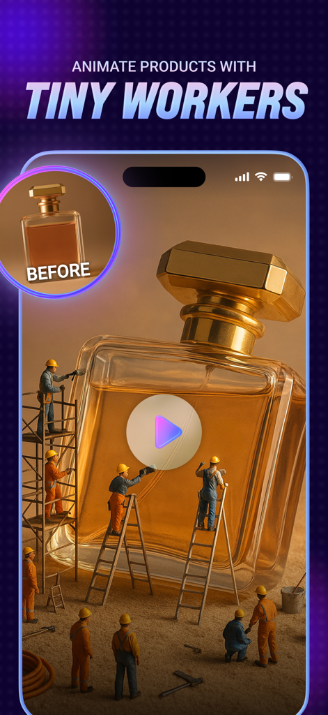 AI Video Generator: Tvorra - Tvorra app interface showing the Tiny Workers AI effect animating a perfume bottle product photo