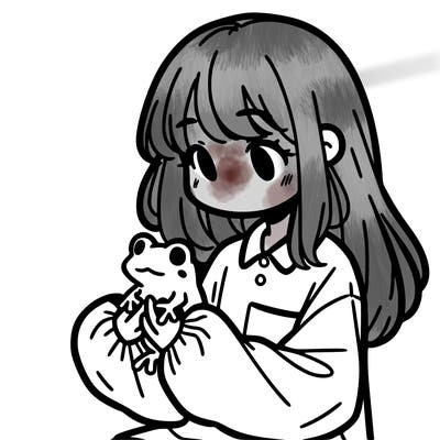 girl with long hair and a oversized shirt. and she is holding a frog