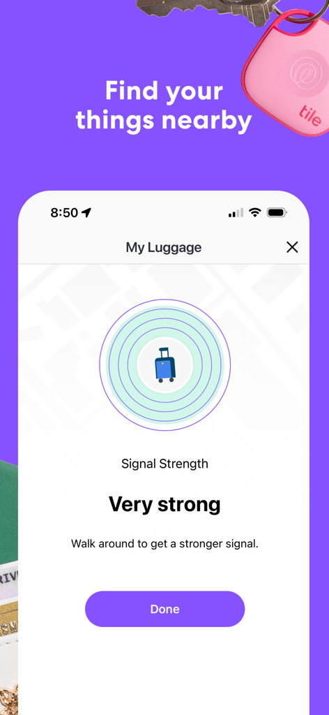 A mobile screen from the Tile app showing a signal strength indicator to find nearby luggage.
