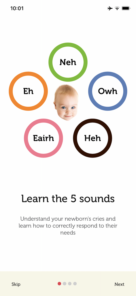 Onboarding screen of the Dunstan Baby app explaining the 5 universal newborn cry sounds