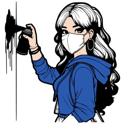 realistic girl with mask spray painting a wall