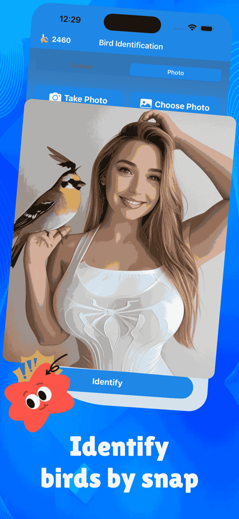 Wezzy - Wezzyアプリのインターフェース。鳥が人に止まっている写真認識を使用した鳥の識別機能を表示