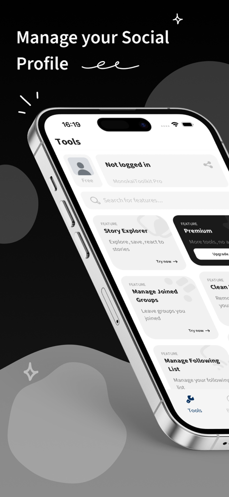 MonokaiToolkit Original - Smartphone screen showing the MonokaiToolkit app interface with tools for managing social profiles including Story Explorer and group management.
