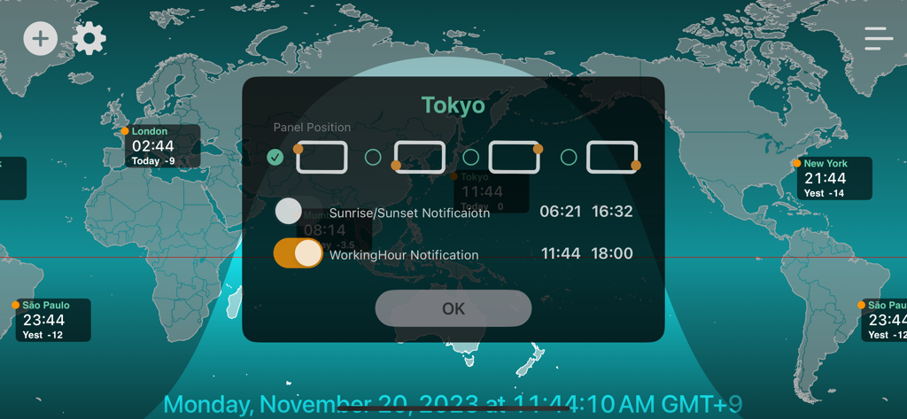 World Time Clock-Weather & Map - Interfaccia dell'app World Time Clock che mostra le impostazioni per le notifiche di Tokyo e gli orari di lavoro su una mappa del mondo.