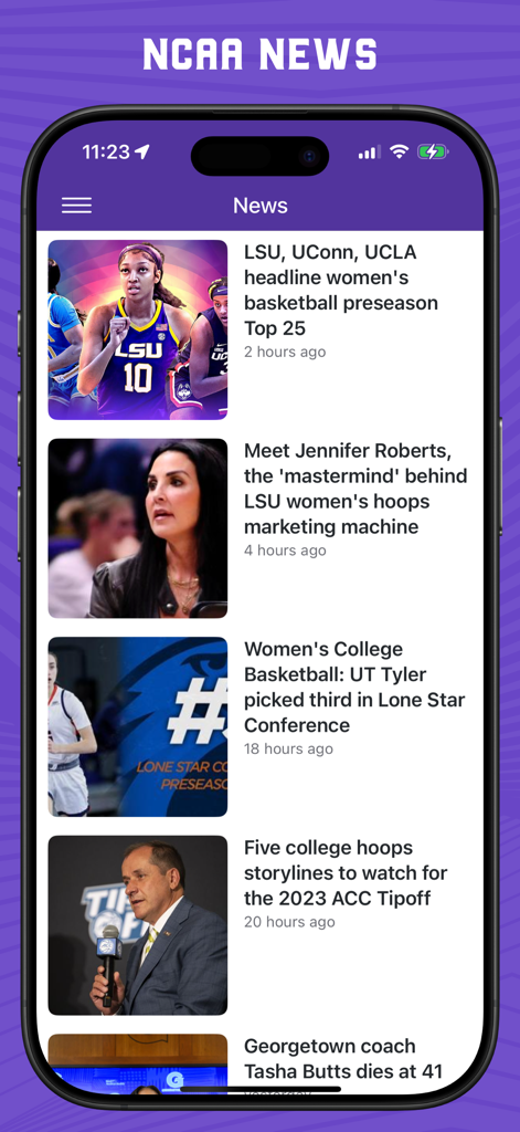 Superfan: Womens College Hoops - News feed showing NCAA women basketball headlines in the Superfan app