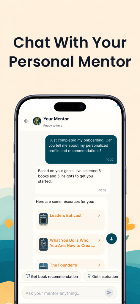 Chat interface of the Mentorist app showing an AI personal mentor providing personalized book recommendations for growth.