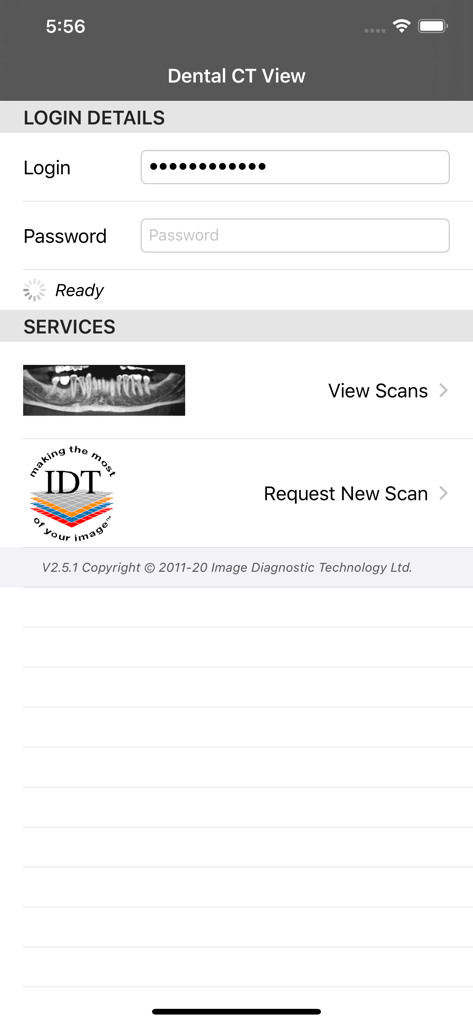 Dental CT View - Dental CT View app login and services menu screen