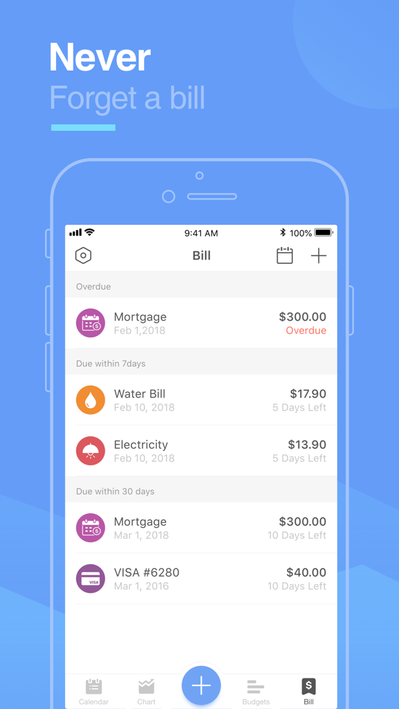 Pocket Expense Pro app interface showing overdue and upcoming bill reminders for mortgage and utilities