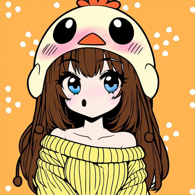 anime girl with chick shaped hat with sweater with bare shoulders with bangs covering them one eye with low tail