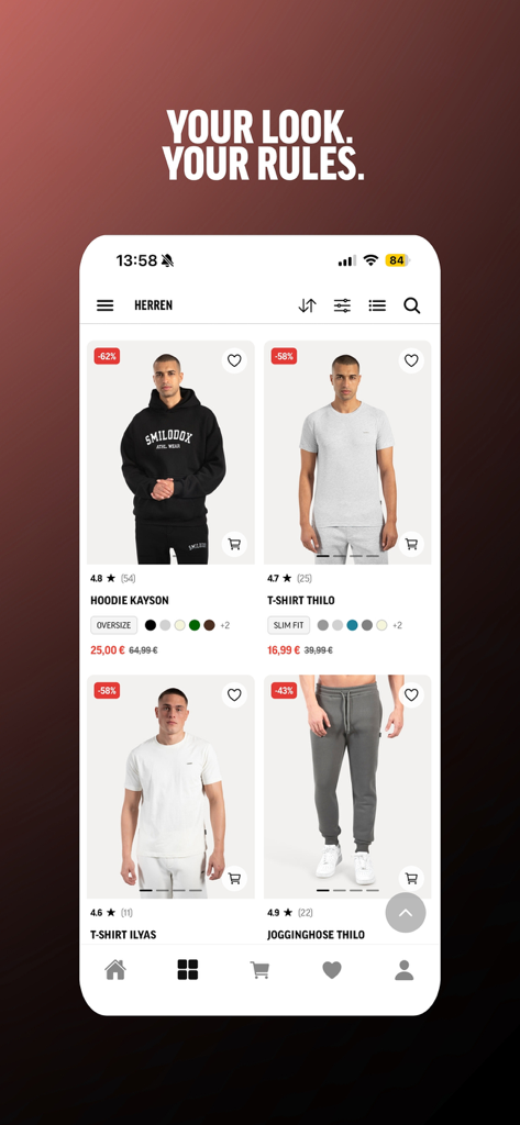 Smilodox - Listado de productos de la app Smilodox mostrando ropa deportiva para hombre con descuentos en sudaderas y camisetas.