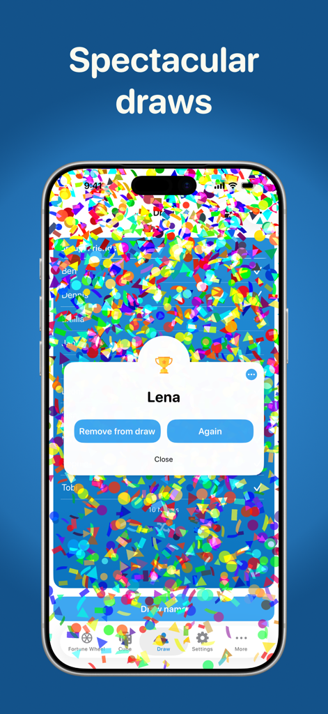 Random Generator - Spin Wheel - Una schermata dell'app di estrazione nomi casuali che mostra Lena come vincitrice con coriandoli celebrativi.