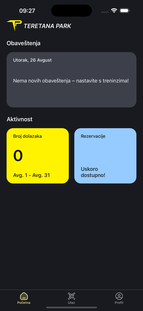 Teretana Park - Schermata principale dell'applicazione mobile Teretana Park che mostra l'attività dell'utente e le notifiche