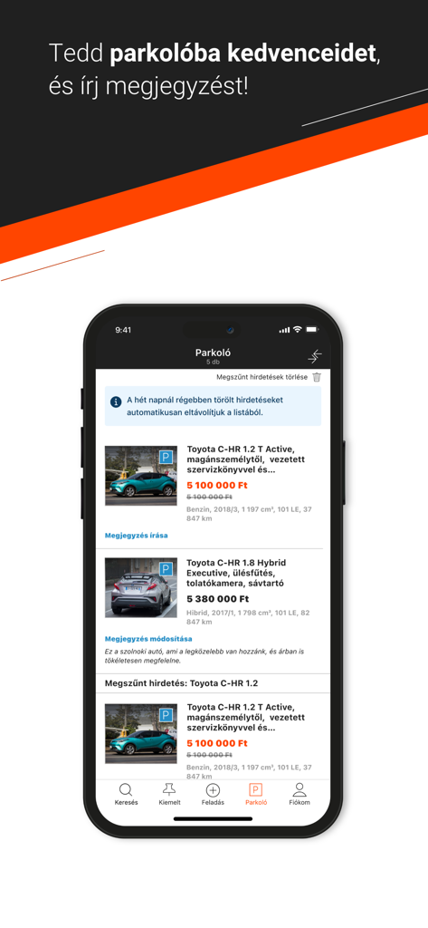 Használtautó - Schermata dei preferiti dell'app mobile Hasznaltauto che mostra gli annunci auto salvati e le note dell'utente