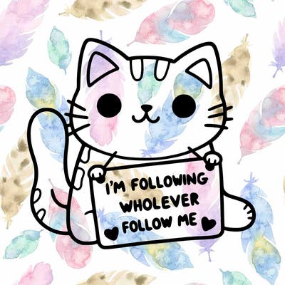 cat with a sign that says i’m following whoever follows me