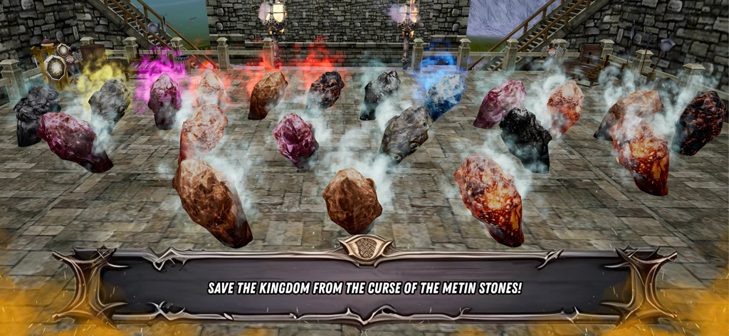 Mobile2 Online - Colorful Metin stones arranged in a stone courtyard in the Mobile2 Online game world