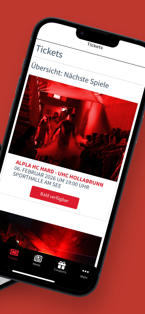 HC Hard App - Mobile app screen showing the tickets section with an upcoming handball match between Alpla HC Hard and UHC Hollabrunn