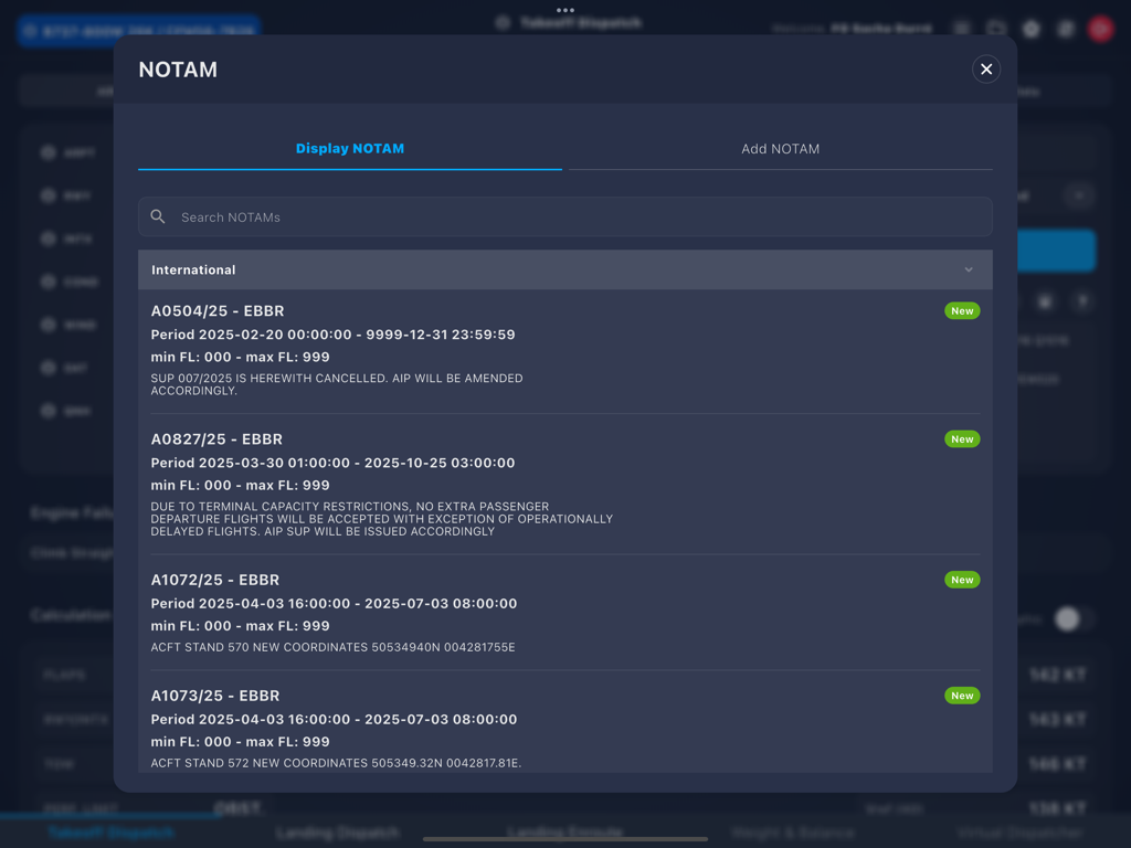 A list of live NOTAMs for Brussels Airport within the Virtual Performance Tool app.