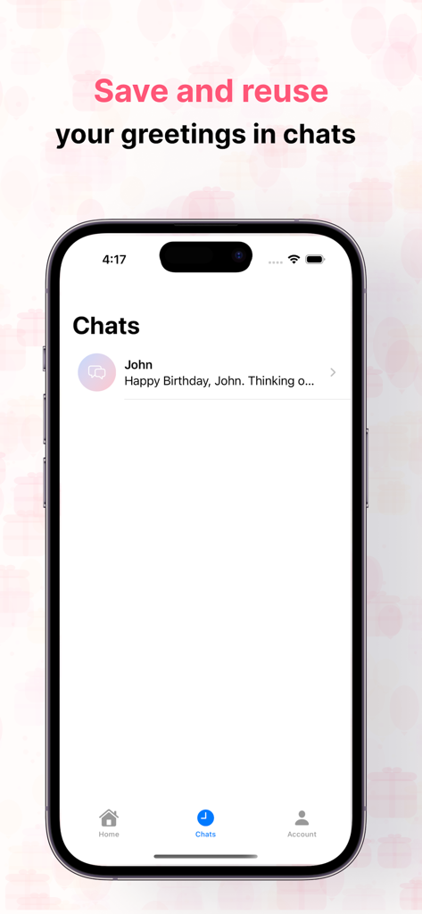 Gift Text - Create your own - A screenshot of the Gift Text app showing a saved birthday greeting in the chat history interface.