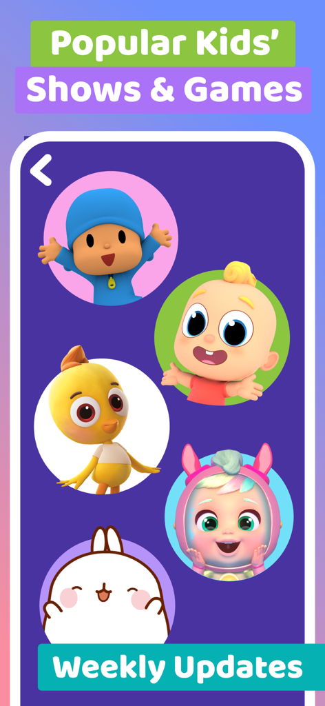 Pantalla de la aplicación KidsBeeTV que muestra programas y juegos populares para niños con actualizaciones semanales