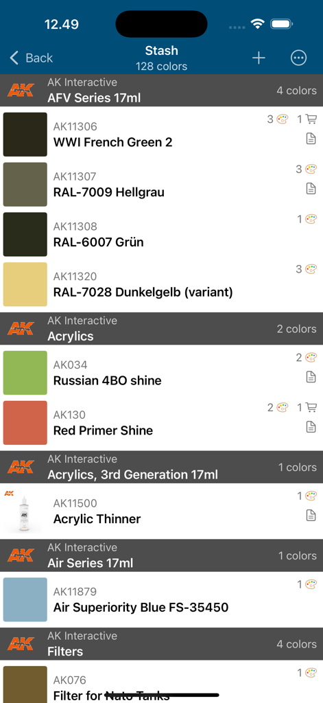 Screenshot della schermata 'stash' dell'app Model Colors che mostra un elenco di colori per hobby AK Interactive con i conteggi dell'inventario