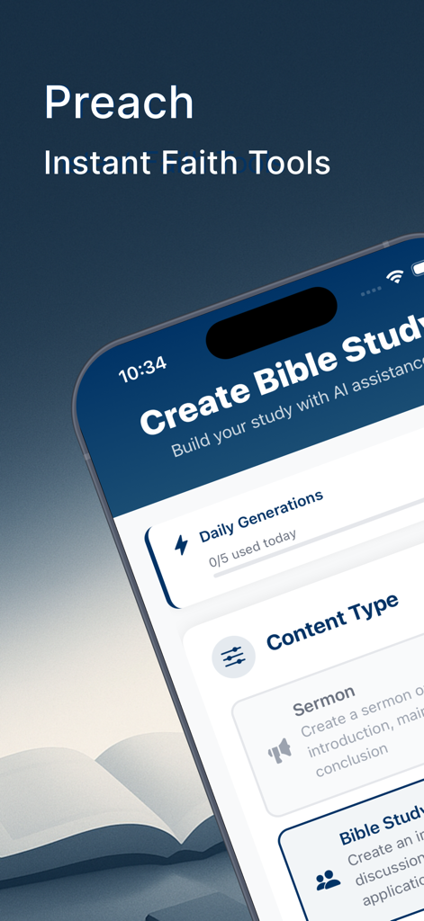 Mobile interface of the Preach app displaying options to create Bible studies and sermons with AI assistance