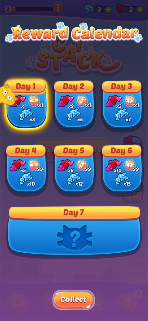Cat Stack - Reward calendar screen in the Cat Stack app showing daily bonuses like hearts and gems with a mystery cat reward on day seven.