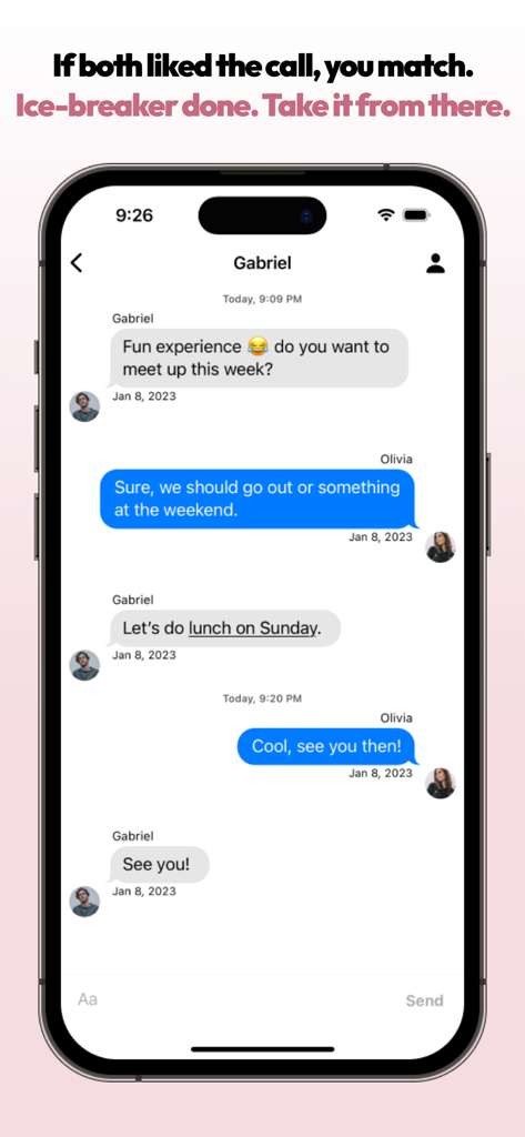 Blindlee dating app chat interface showing two matched users planning a lunch date.