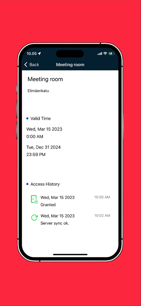 Securitas FLOW app screen displaying meeting room access validity period and activity history log
