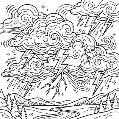 Dive into the raw beauty of a thunderstorm with this captivating 'Rolling Thunder' coloring page, thoughtfully designed for seniors. Featuring bold lines and clear sections, it offers an engaging and relaxing artistic escape.