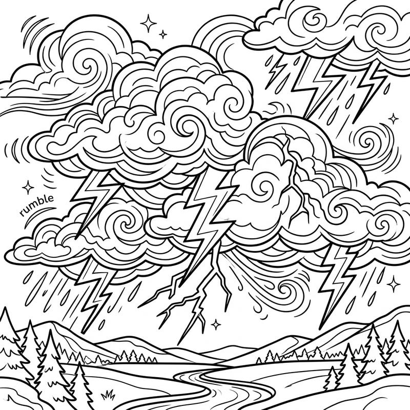 Dive into the raw beauty of a thunderstorm with this captivating 'Rolling Thunder' coloring page, thoughtfully designed for seniors. Featuring bold lines and clear sections, it offers an engaging and relaxing artistic escape.