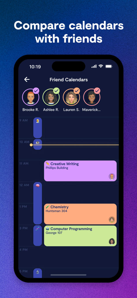 Interface of Saturn Calendar app showing a student daily schedule compared with friends calendars