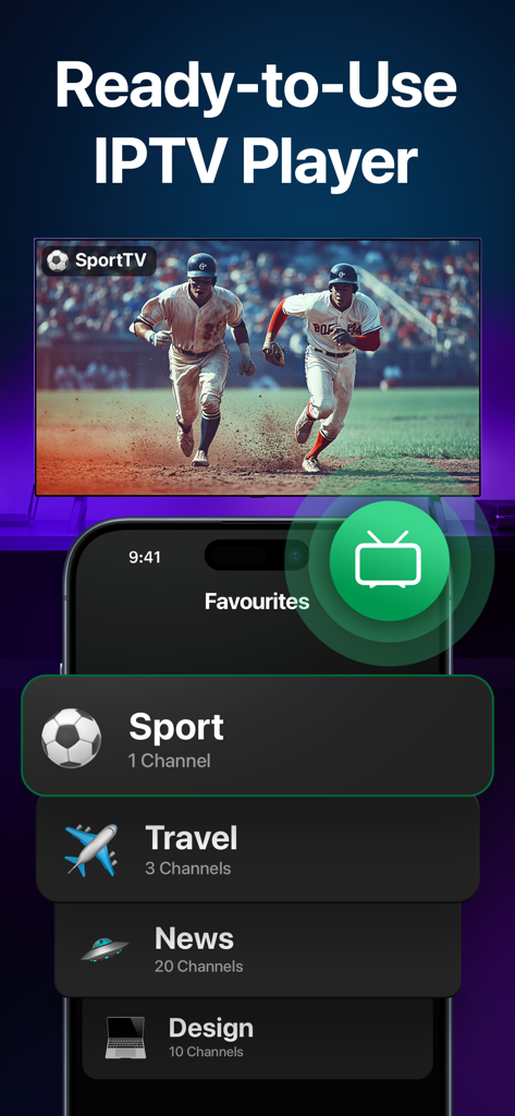 CastOn - Screen Mirror & Share - Smartphone displaying an IPTV player interface with a live baseball game mirrored onto a large screen