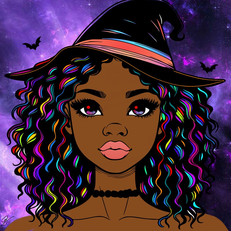 realistic black girl with wavy hair and witch hat and nose and lips