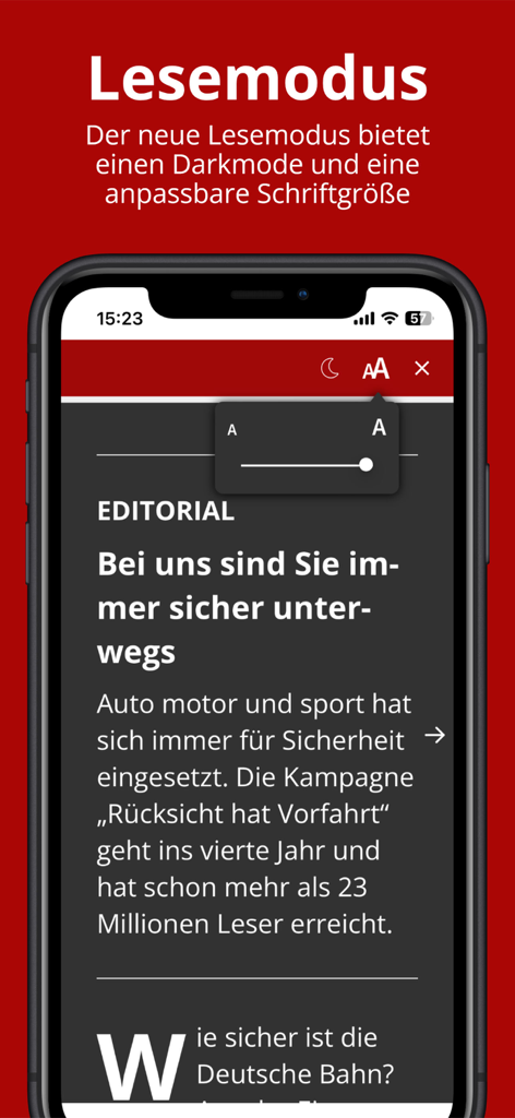 Modalità di lettura dell'app Auto Kiosk con tema scuro e impostazioni della dimensione del carattere