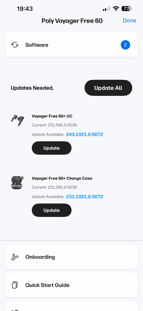 HP Poly Studio Mobile - Écran de mise à jour logicielle pour Poly Voyager Free 60 dans l'application HP Poly Studio Mobile.