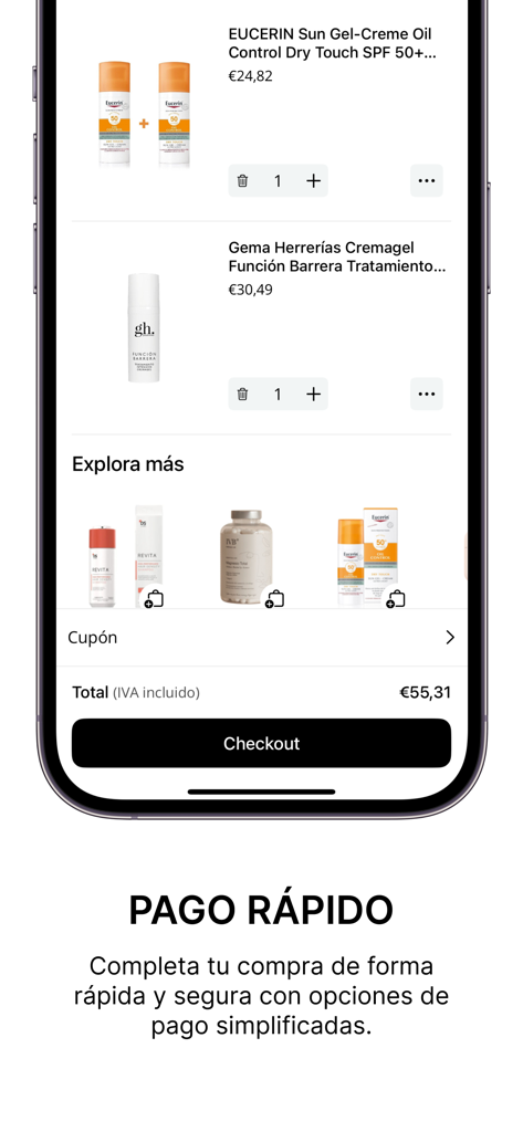 Farma2go - Parafarmacia Online - Shopping cart screen in the Farma2go app featuring skincare products and a checkout button for fast payment