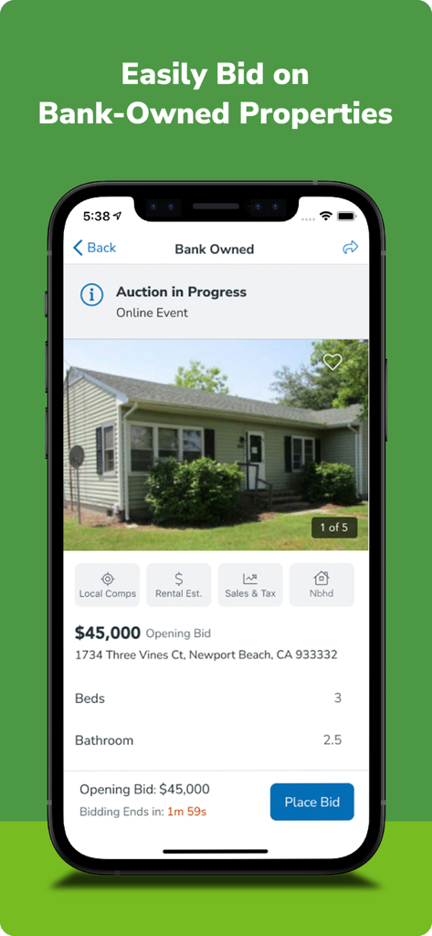 Auction.com - Homes for Sale - A smartphone showing a bank-owned home listing on the Auction.com app with an active bidding interface.