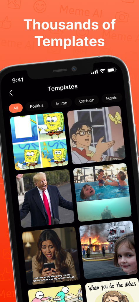 AIミームジェネレーターアプリで人気のあるミームテンプレートの大規模なコレクションを示すインターフェース。
