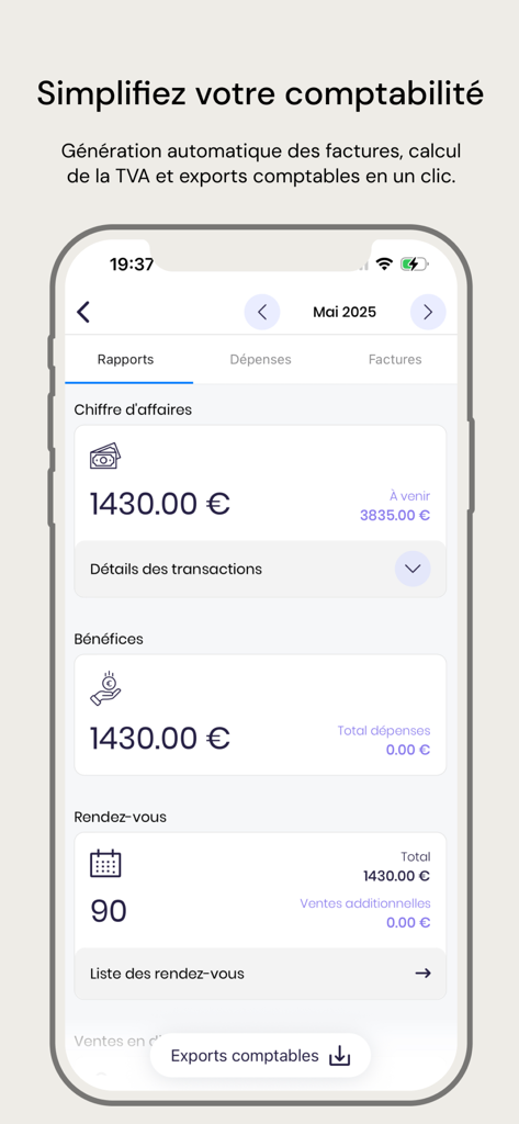 Fleeky Pro : Salon & Domicile - Uma captura de tela do aplicativo Fleeky Pro mostrando lucros de receita de negócios e estatísticas de compromissos